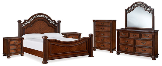 Lavinton Queen Poster Bed with Mirrored Dresser, Chest and 2 Nightstands