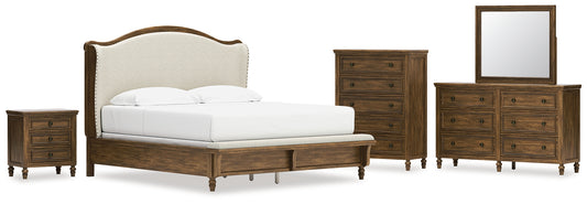 Sturlayne King Upholstered Panel Bed with Mirrored Dresser, Chest and Nightstand