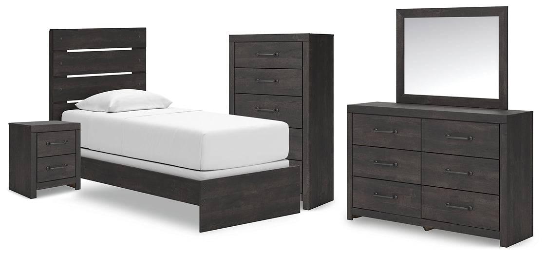Hollivern Twin Panel Bed with Mirrored Dresser, Chest and Nightstand