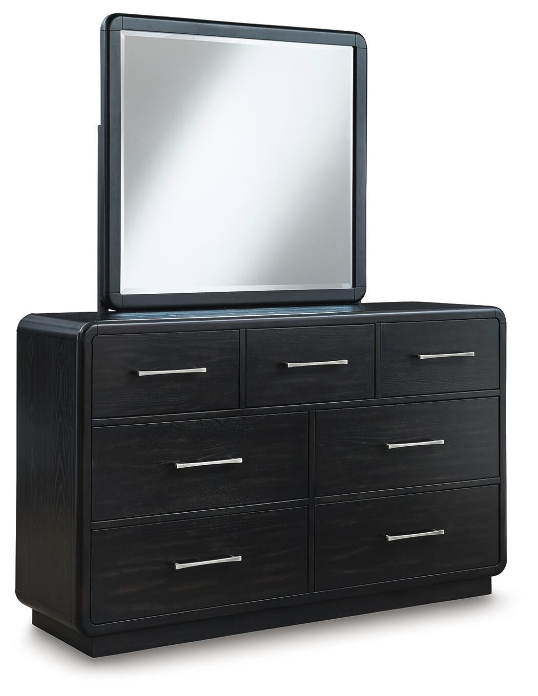 Rowanbeck King Upholstered Panel Bed, Dresser, Mirror, Chest and Nightstand