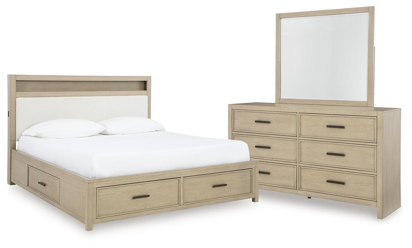 Calmoro California King Bookcase Bed with Mirrored Dresser