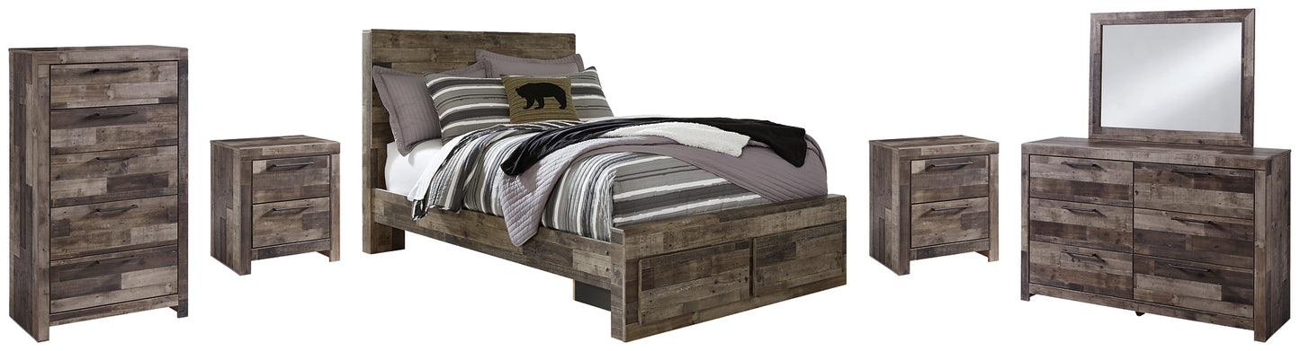 Derekson Full Panel Bed with 2 Storage Drawers with Mirrored Dresser, Chest and 2 Nightstands
