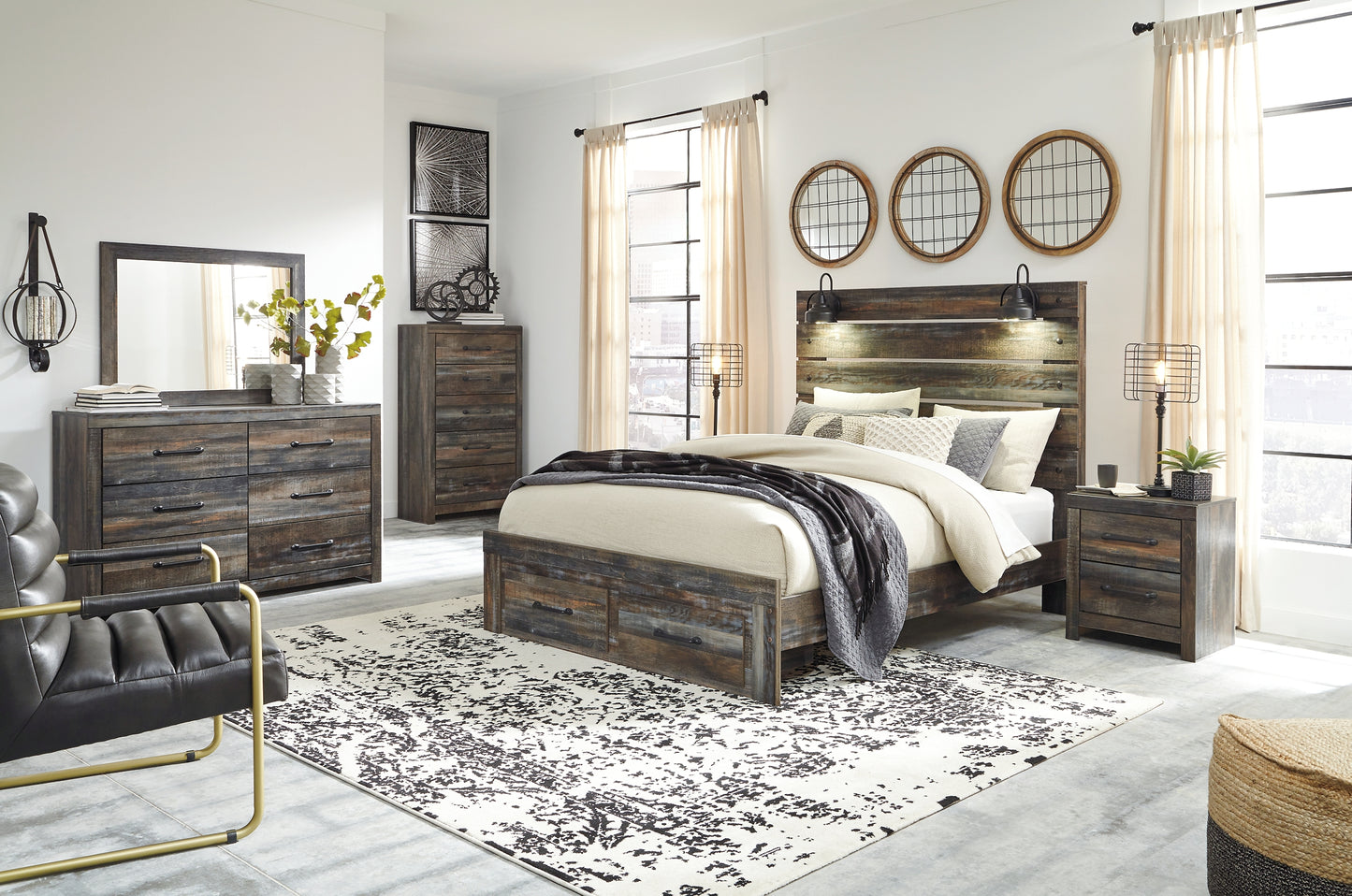 Drystan  Panel Bed With 2 Storage Drawers With Mirrored Dresser, Chest And 2 Nightstands