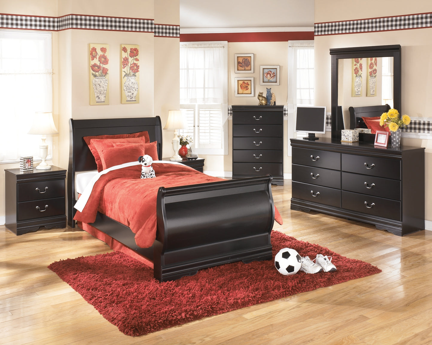 Huey Vineyard Twin Sleigh Bed with Mirrored Dresser, Chest and 2 Nightstands